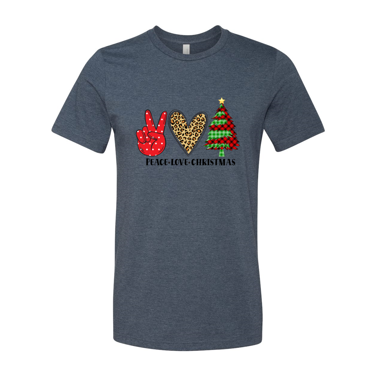 A vibrant unisex Peace Love Christmas Shirt made from soft ring spun cotton, featuring a classic crew neck and available in multiple colors.