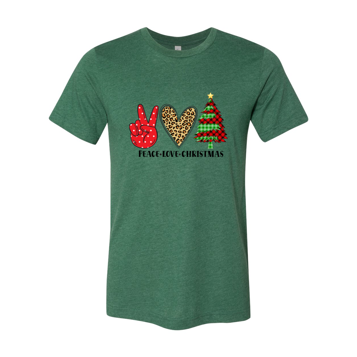 A vibrant unisex Peace Love Christmas Shirt made from soft ring spun cotton, featuring a classic crew neck and available in multiple colors.