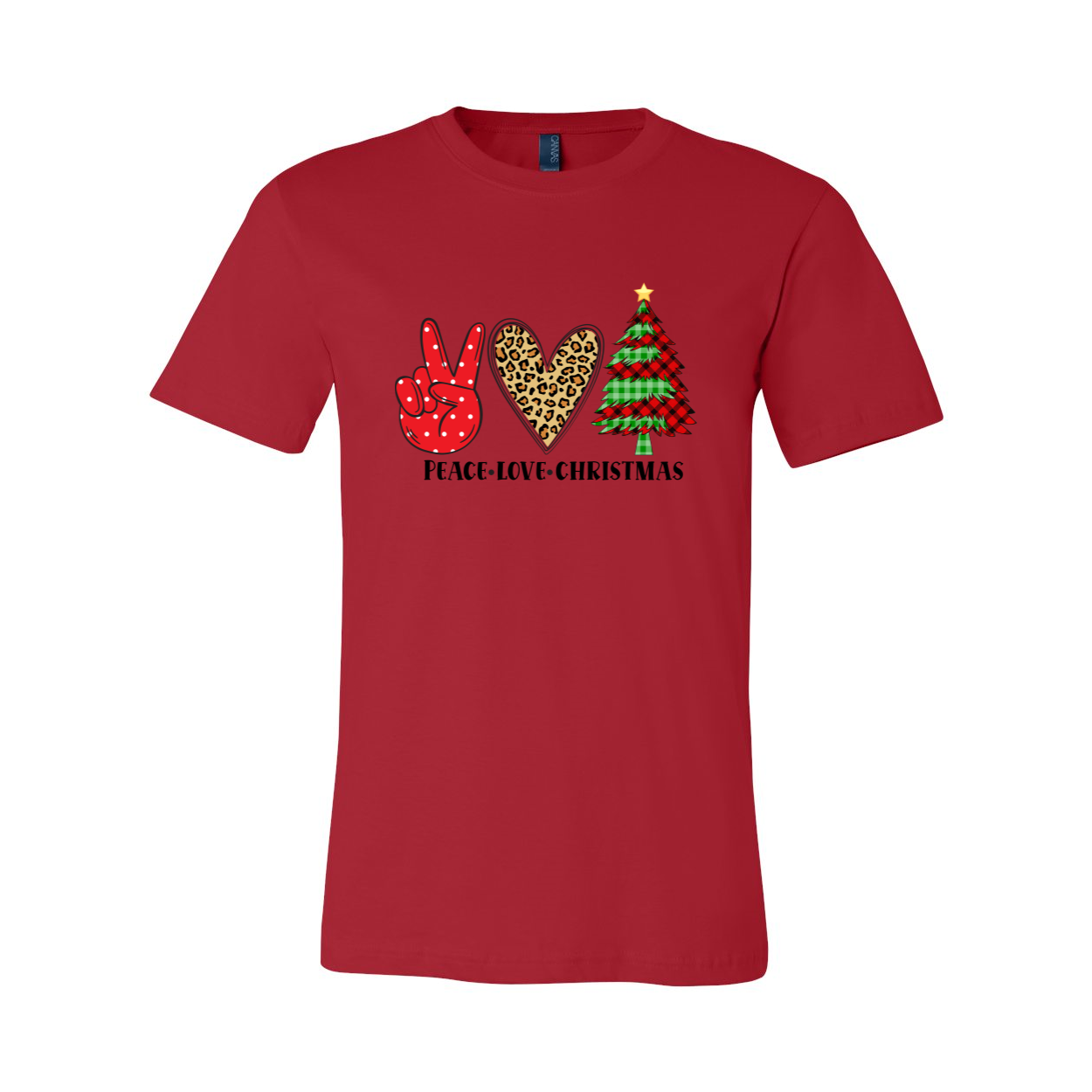 A vibrant unisex Peace Love Christmas Shirt made from soft ring spun cotton, featuring a classic crew neck and available in multiple colors.