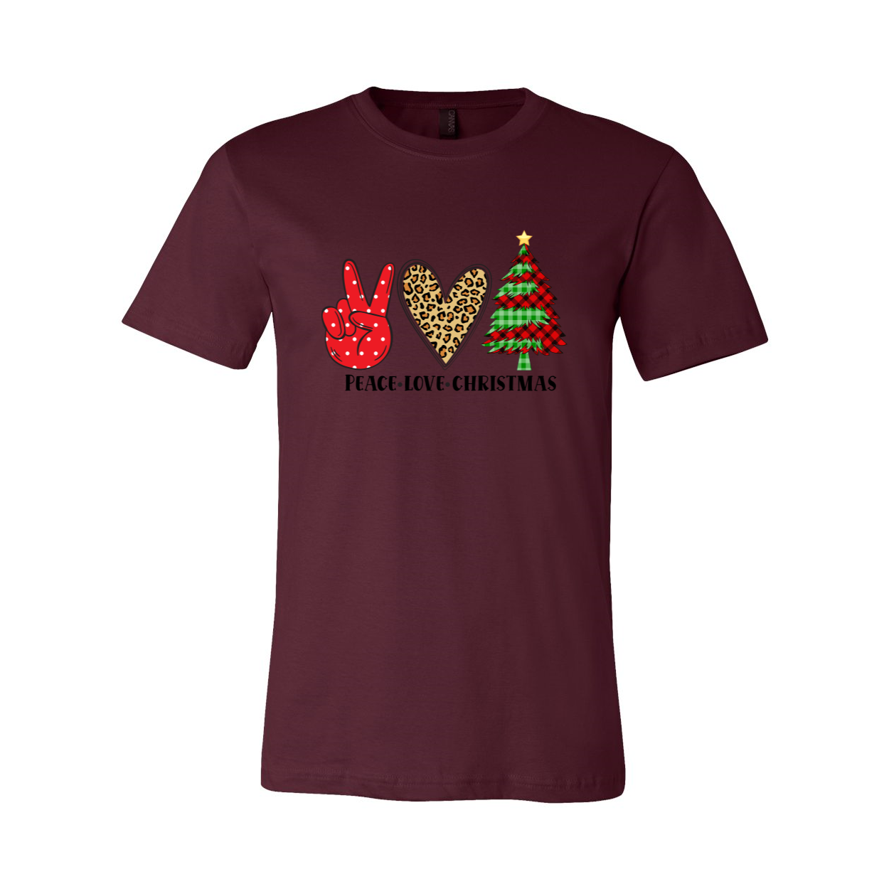 A vibrant unisex Peace Love Christmas Shirt made from soft ring spun cotton, featuring a classic crew neck and available in multiple colors.