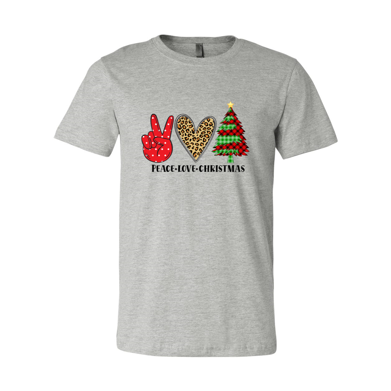 A vibrant unisex Peace Love Christmas Shirt made from soft ring spun cotton, featuring a classic crew neck and available in multiple colors.