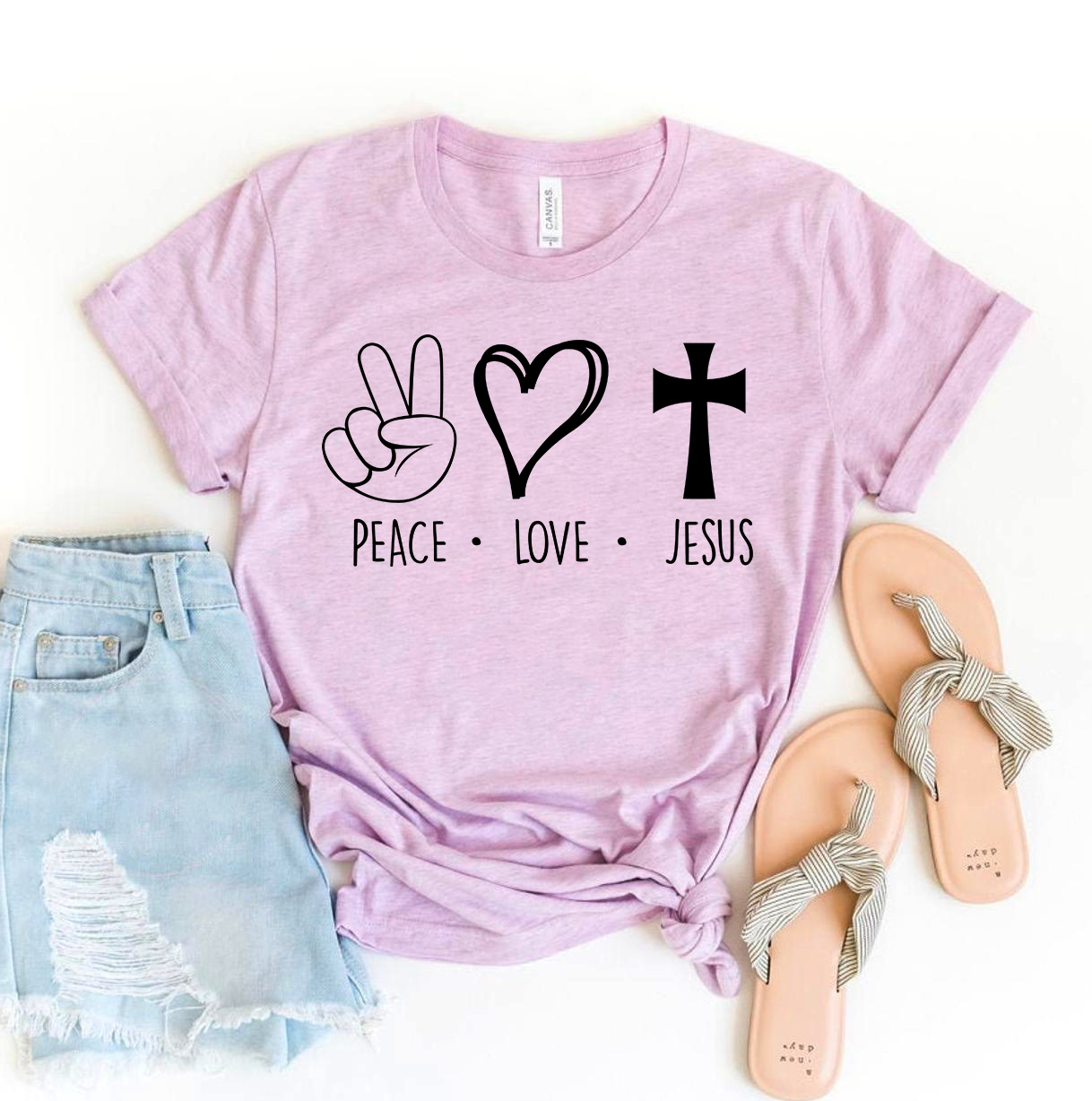 Peace Love Jesus T-shirt made from premium ring spun cotton, featuring a soft textile flex print design.