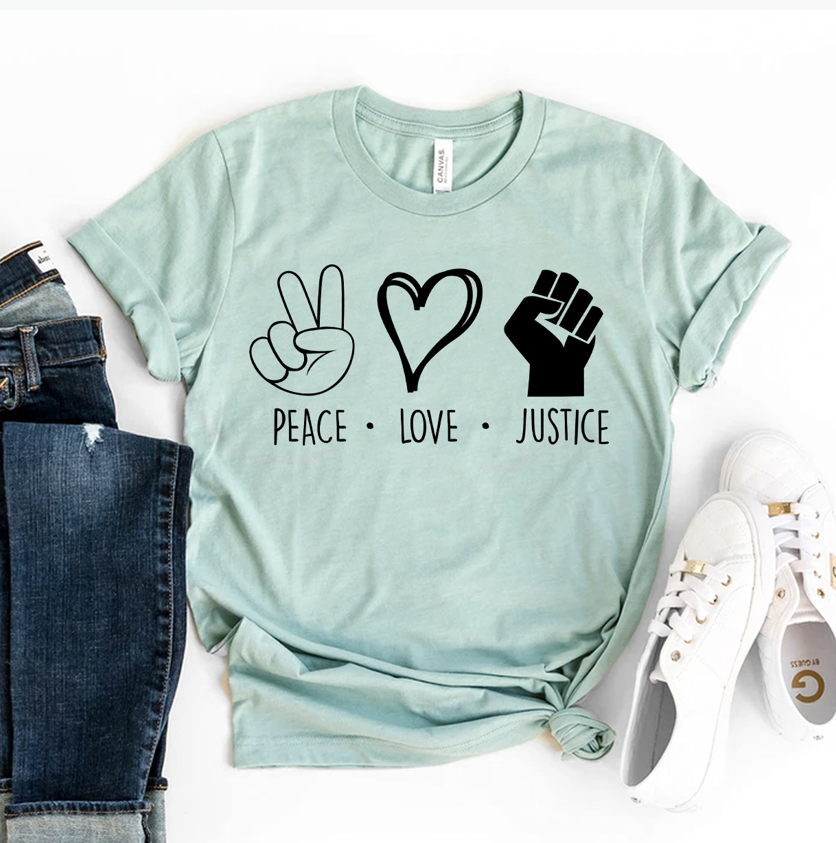 Peace Love Justice T-shirt made from premium ring spun cotton, featuring a striking design with soft textile flex print.