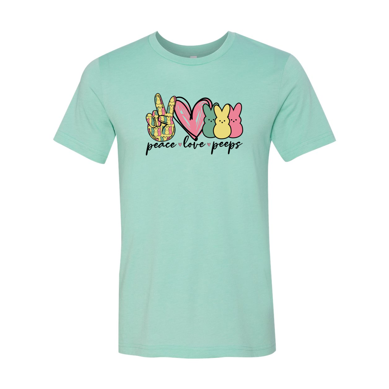 A stylish unisex T-shirt featuring the Peace Love Peeps design, made from soft ring spun cotton, available in various colors.