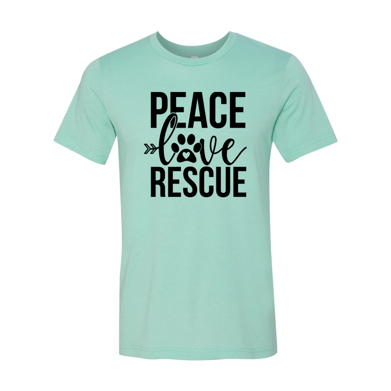 A stylish unisex T-shirt featuring the phrase 'Peace Love Rescue Shit' printed in bold letters, made from soft ring-spun cotton, available in various colors.