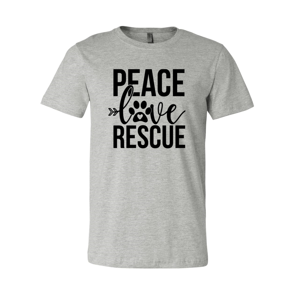 A stylish unisex T-shirt featuring the phrase 'Peace Love Rescue Shit' printed in bold letters, made from soft ring-spun cotton, available in various colors.