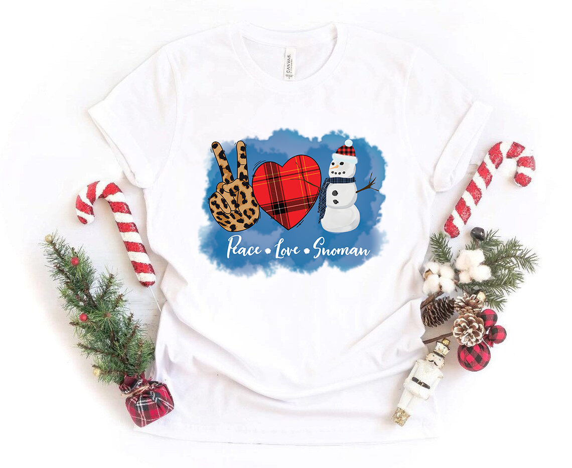 A cozy unisex Peace Love Snowman Shirt featuring a cheerful snowman graphic, made from soft ring spun cotton.