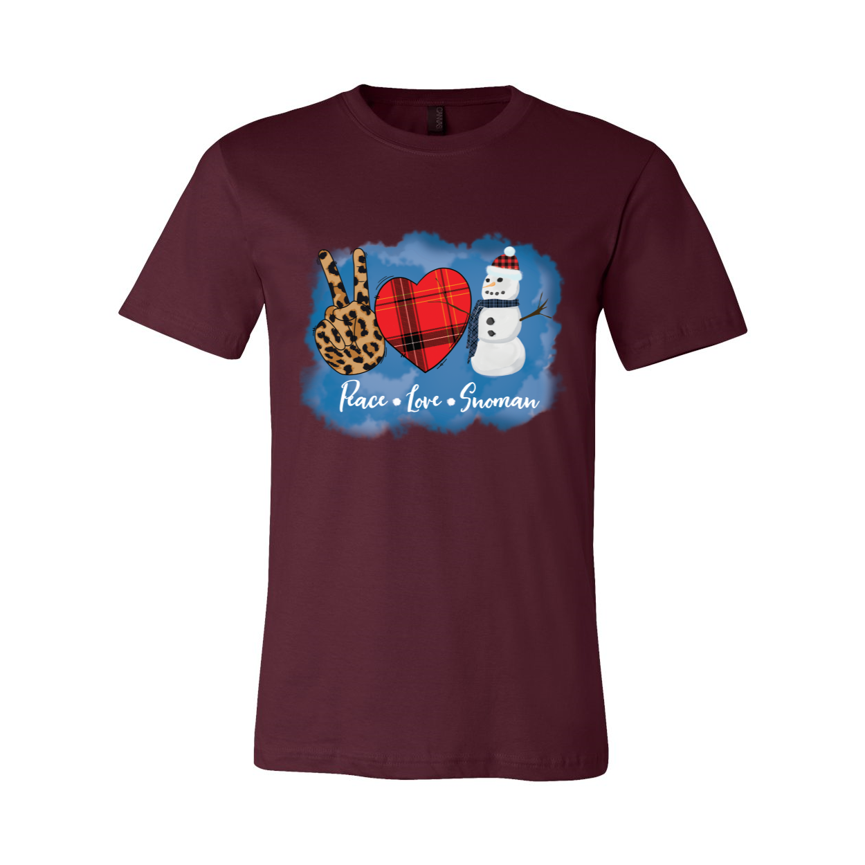 A cozy unisex Peace Love Snowman Shirt featuring a cheerful snowman graphic, made from soft ring spun cotton.