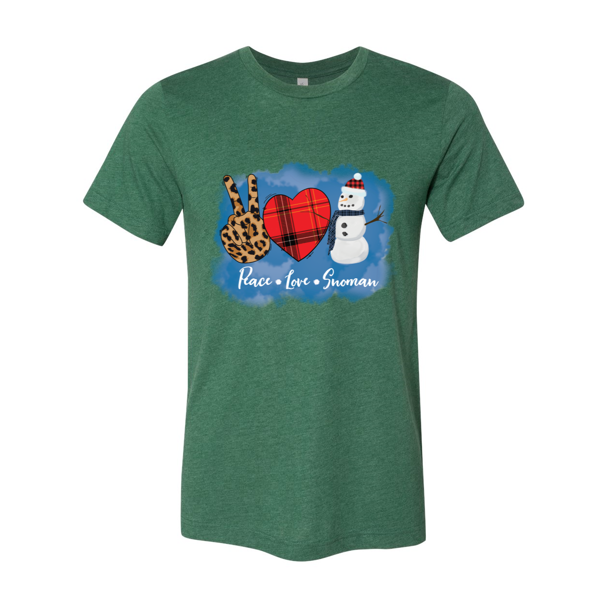 A cozy unisex Peace Love Snowman Shirt featuring a cheerful snowman graphic, made from soft ring spun cotton.