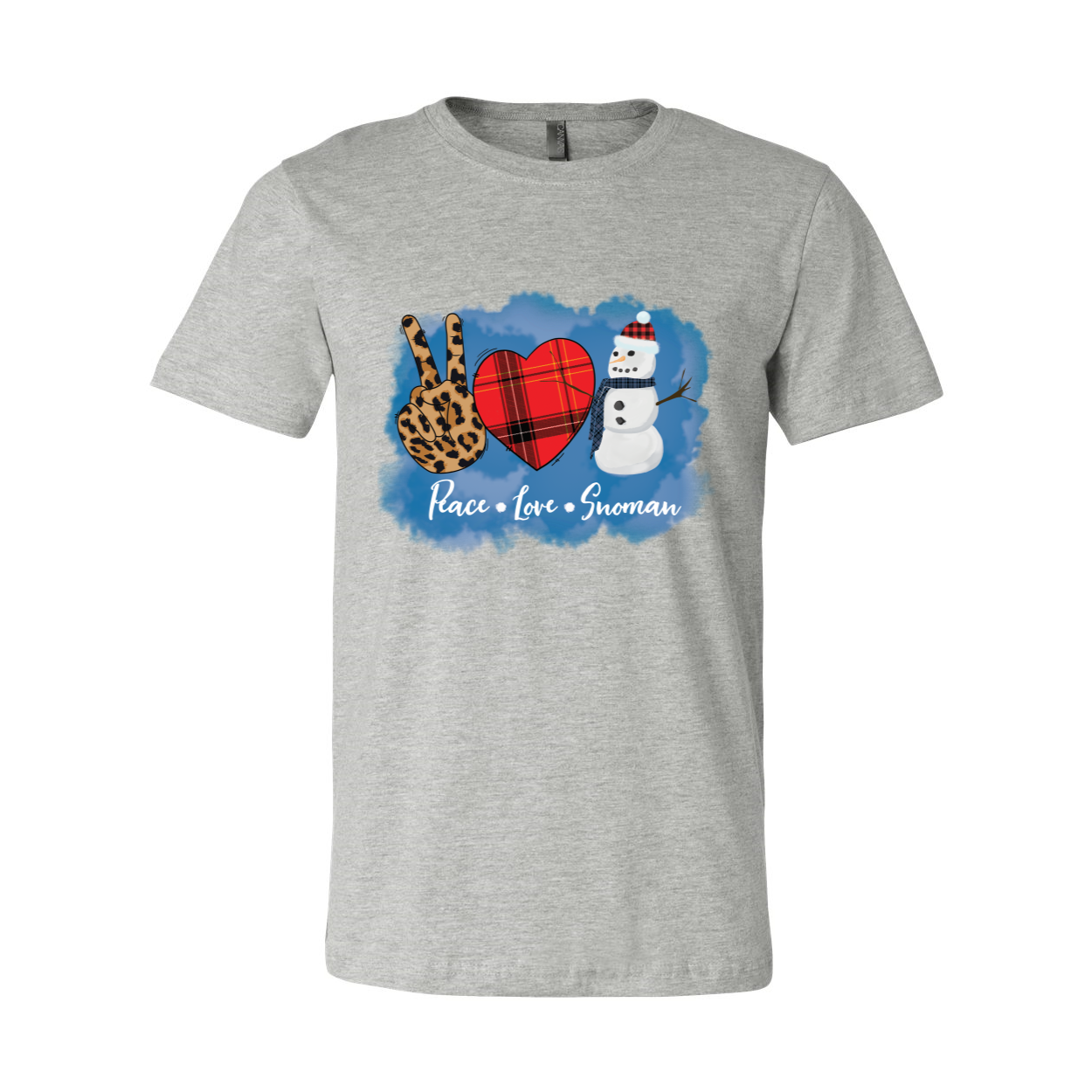 A cozy unisex Peace Love Snowman Shirt featuring a cheerful snowman graphic, made from soft ring spun cotton.