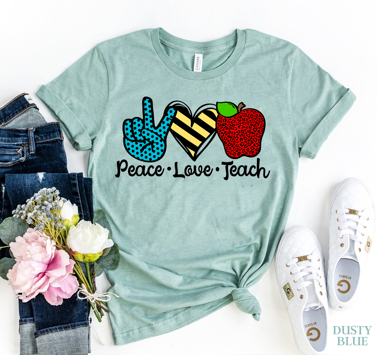 Peace Love Teach T-shirt made of premium ring spun cotton with a soft feel and stylish design, available in various sizes.