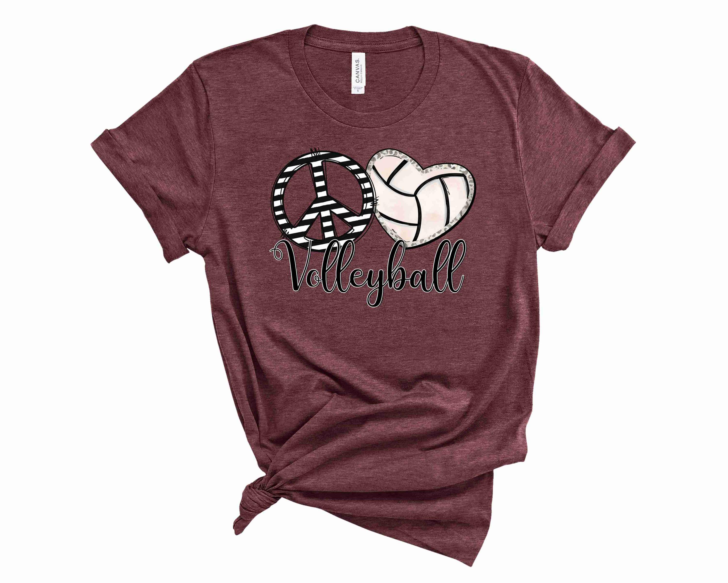 A unisex graphic tee featuring the words 'Peace Love Volleyball' in a stylish font, perfect for volleyball enthusiasts.