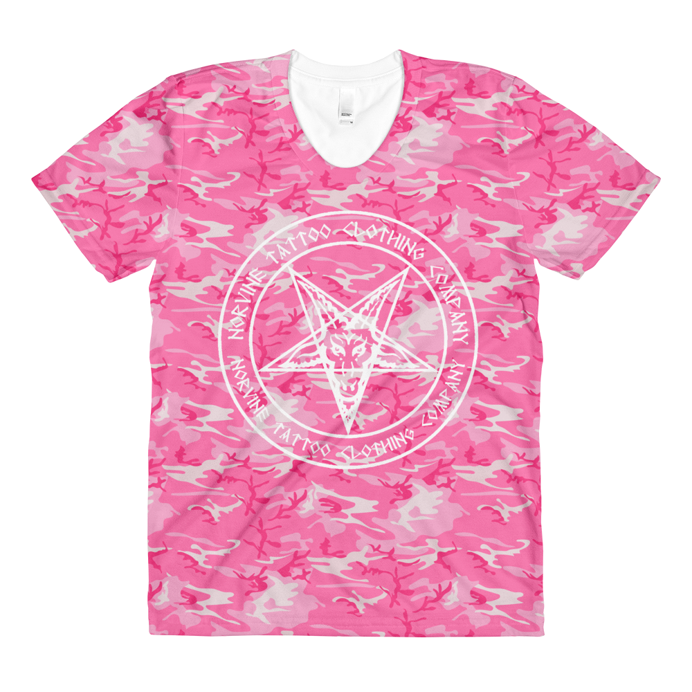 Pentagram Pink Camo Women's T-Shirt featuring a unique pink camouflage pattern, made from soft polyester jersey fabric.