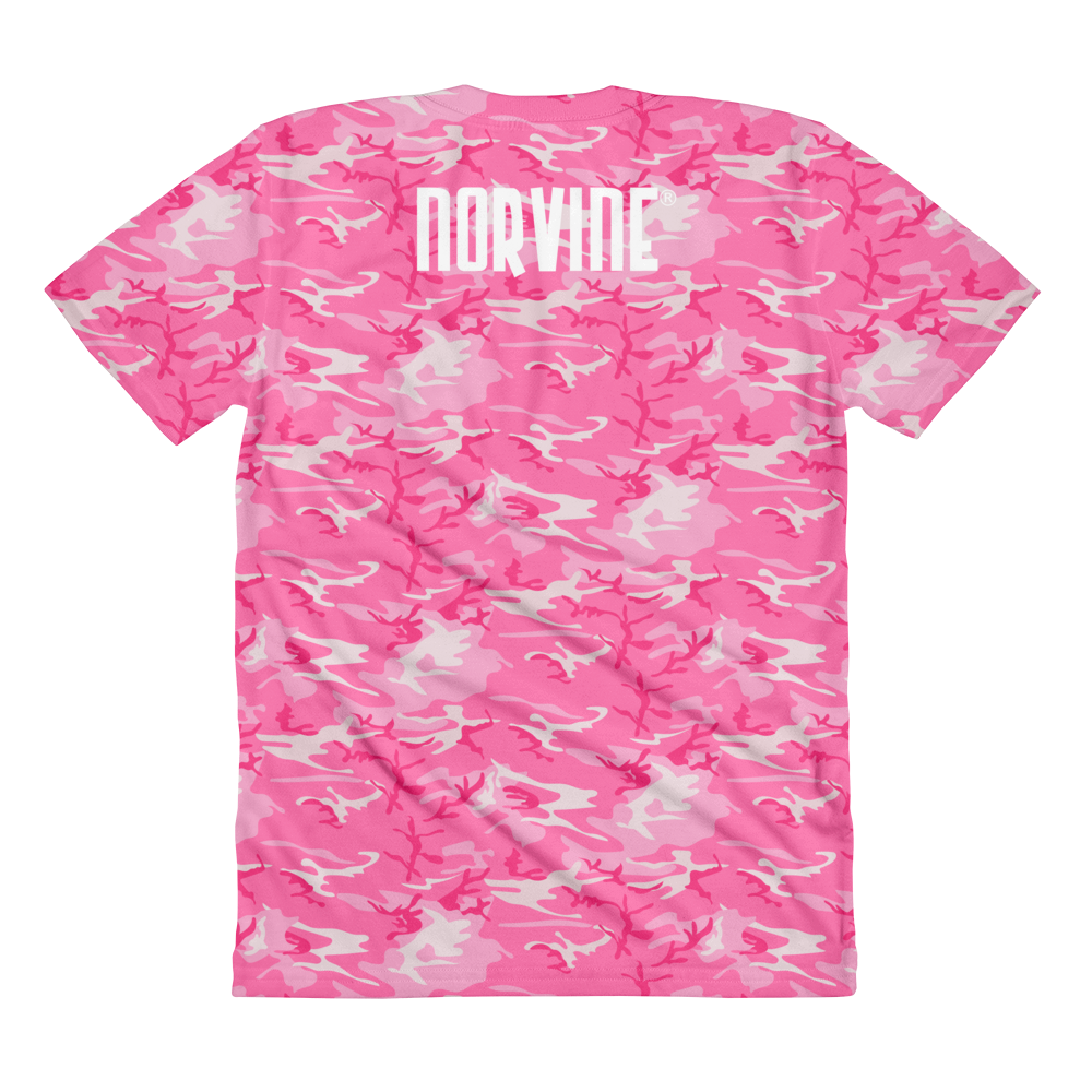 Pentagram Pink Camo Women's T-Shirt featuring a unique pink camouflage pattern, made from soft polyester jersey fabric.