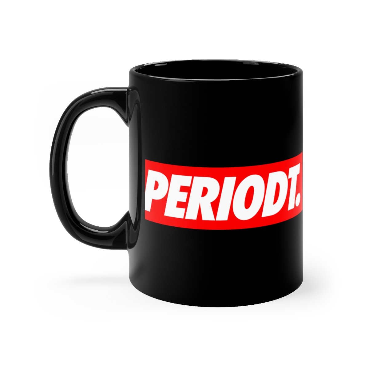 Periodt 11oz Black Mug with rounded corners and C-handle, showcasing its sleek black ceramic design.