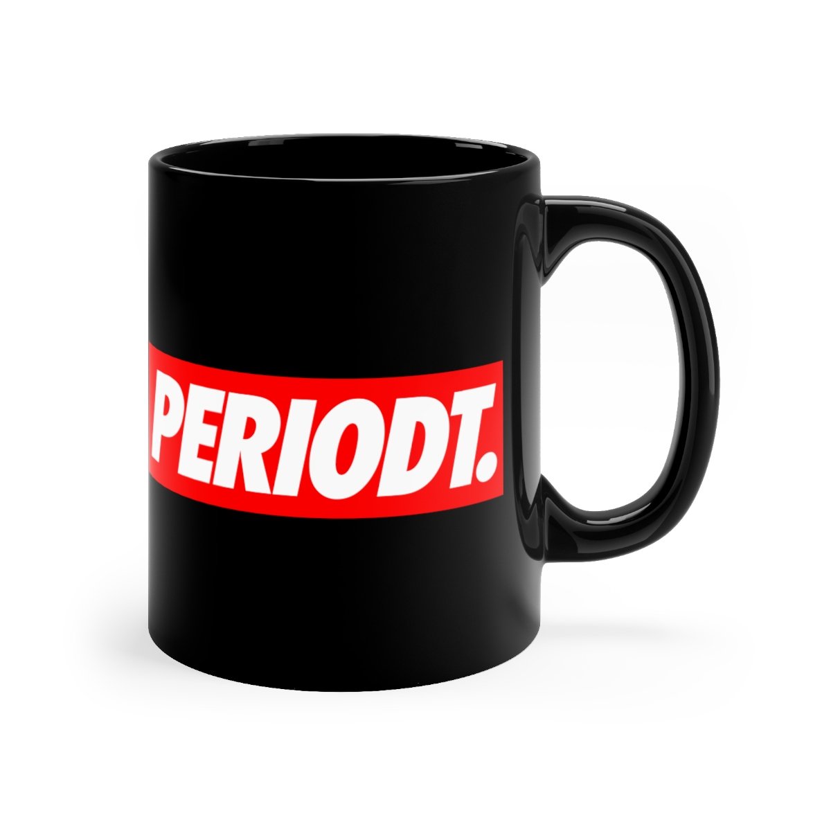 Periodt 11oz Black Mug with rounded corners and C-handle, showcasing its sleek black ceramic design.