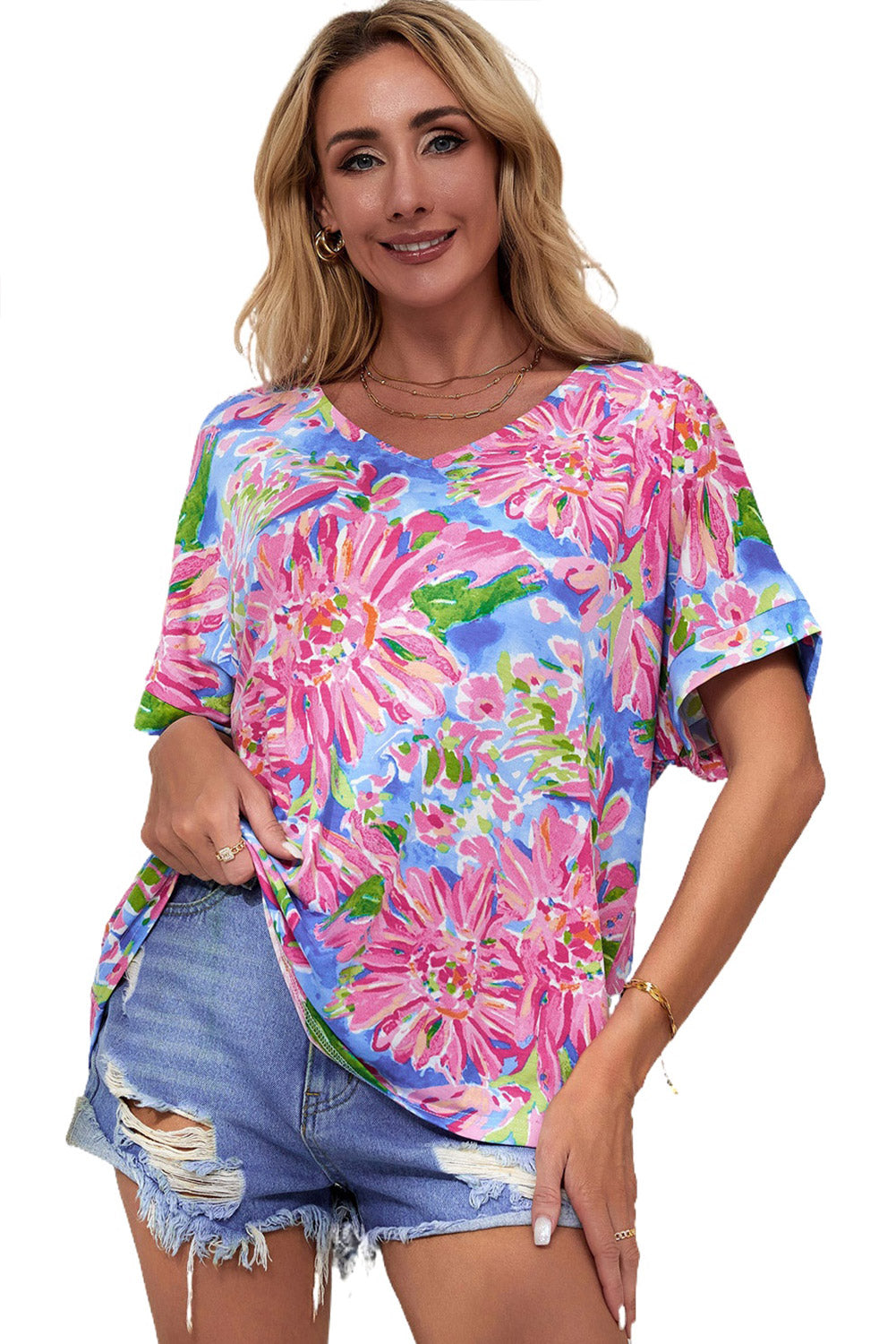 A stylish Pink Floral Print V Neck T Shirt featuring a loose fit and short sleeves, perfect for summer wear.