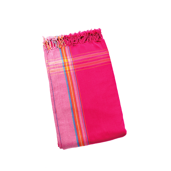 A vibrant pink handwoven cotton kikoy sarong, showcasing intricate patterns and a soft texture, perfect for beachwear or versatile styling.