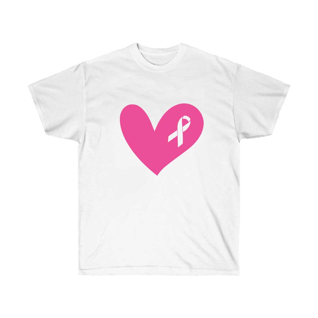 Pink Heart with Ribbon Breast Cancer Awareness T-Shirt, showcasing a vibrant pink design on a soft cotton fabric.