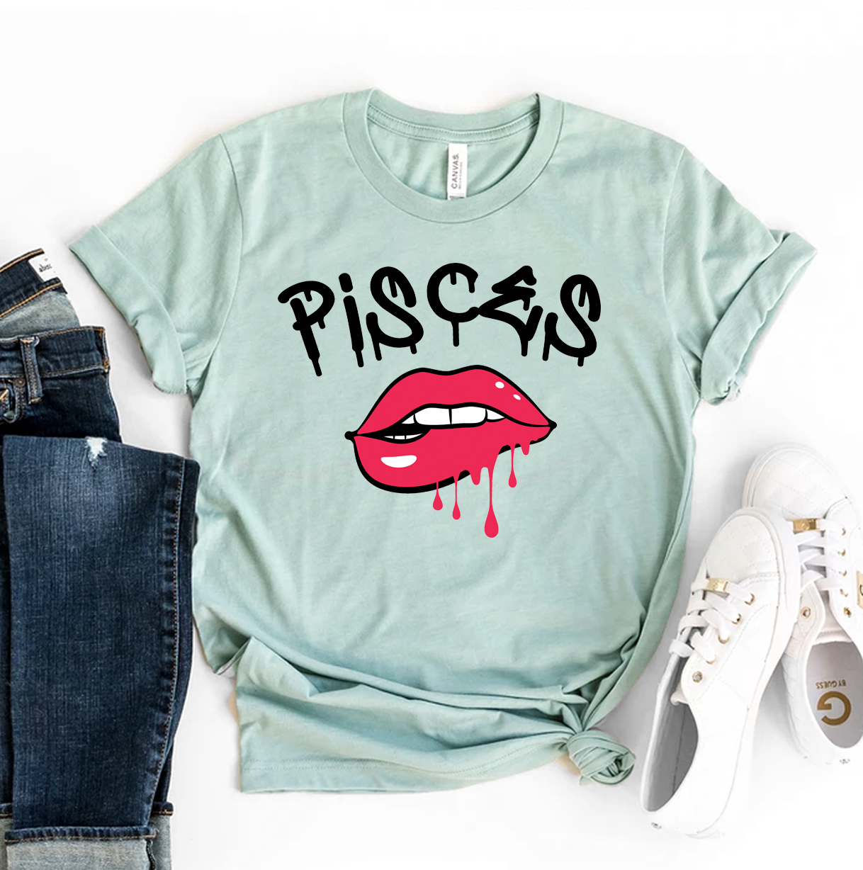 Pisces Lips T-shirt made of premium ring spun cotton with a vibrant design, available in multiple sizes.