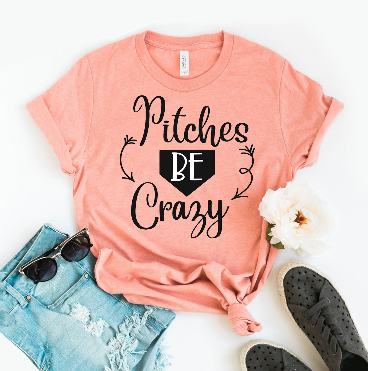 Pitches Be Crazy T-shirt made of premium ring spun cotton, featuring a vibrant flex print design, available in various sizes.