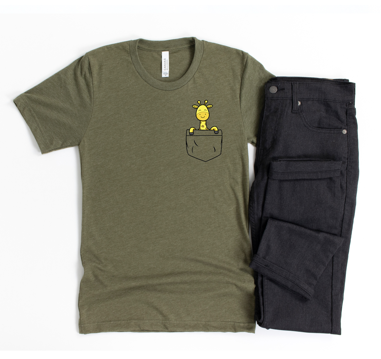 A stylish Pocket Giraffe T-shirt featuring a playful giraffe design, made from soft airlume cotton, displayed on a neutral background.