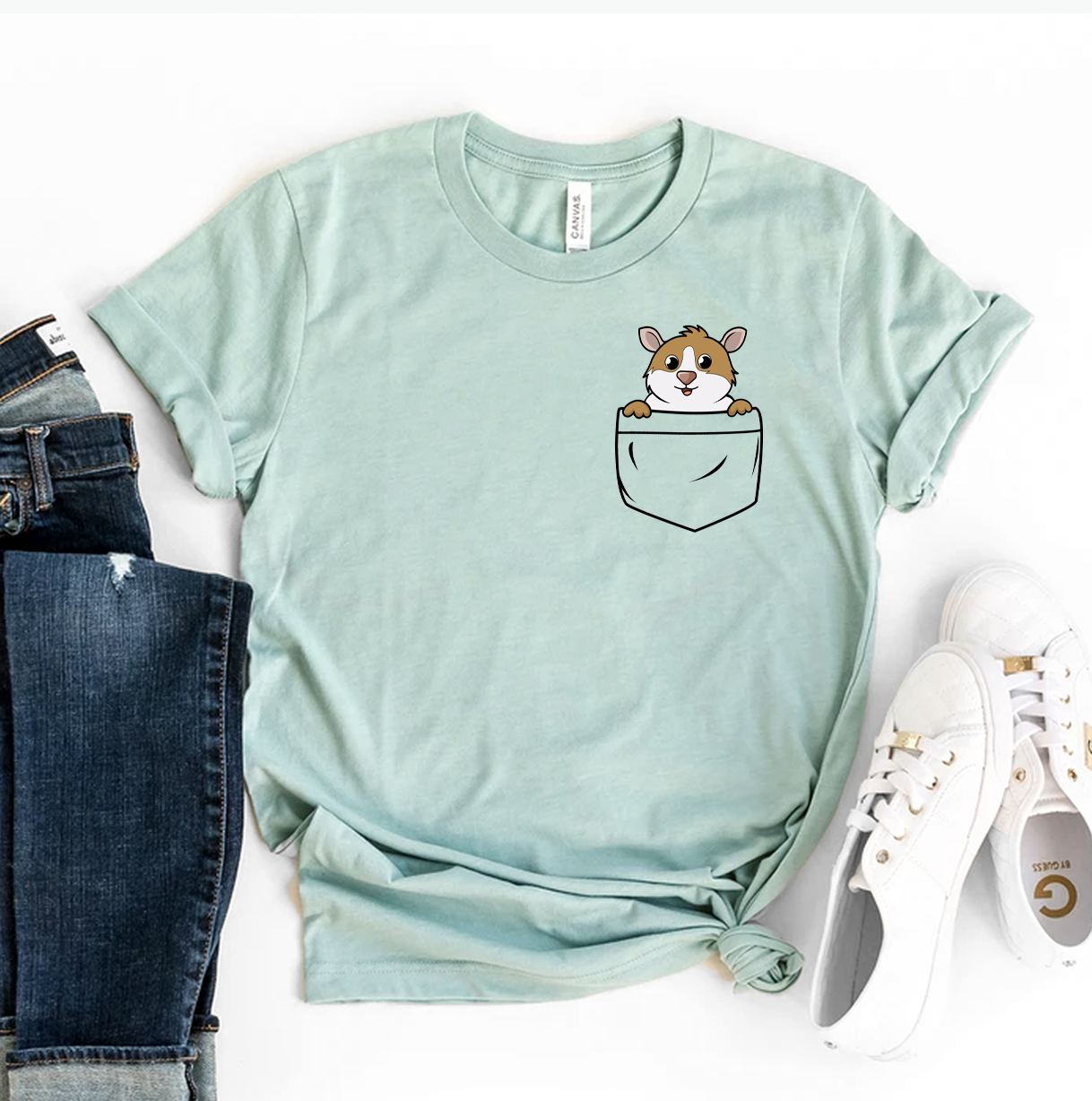 A stylish Pocket Guinea Pig T-shirt made from premium ring spun cotton, featuring a cute guinea pig graphic on the pocket.