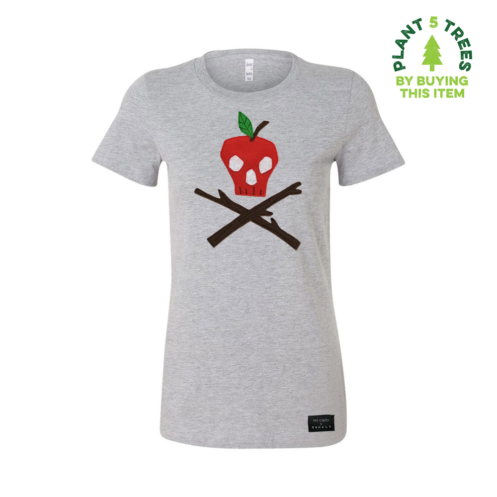 Poison Apple Women's Shirt featuring unique felt appliqué design, handmade and hand-stitched with love, promoting tree planting initiatives.