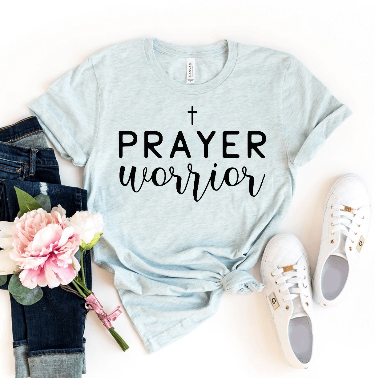 Prayer Warrior T-shirt made of premium ring spun cotton, featuring a soft textile flex print design.