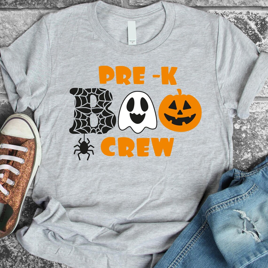 A soft and comfortable Pre-K Boo Crew Halloween T-shirt made from premium ring spun cotton, featuring a vibrant flex print design perfect for kids.