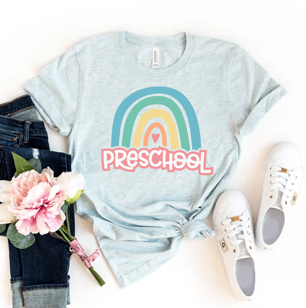 Colorful Preschool Rainbow T-shirt made from soft ring spun cotton, featuring a vibrant design suitable for children.