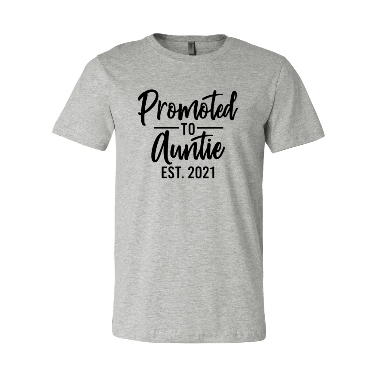 A soft and stylish unisex T-shirt in various colors with the text 'Promoted To Auntie' printed on it, showcasing its comfortable fit.