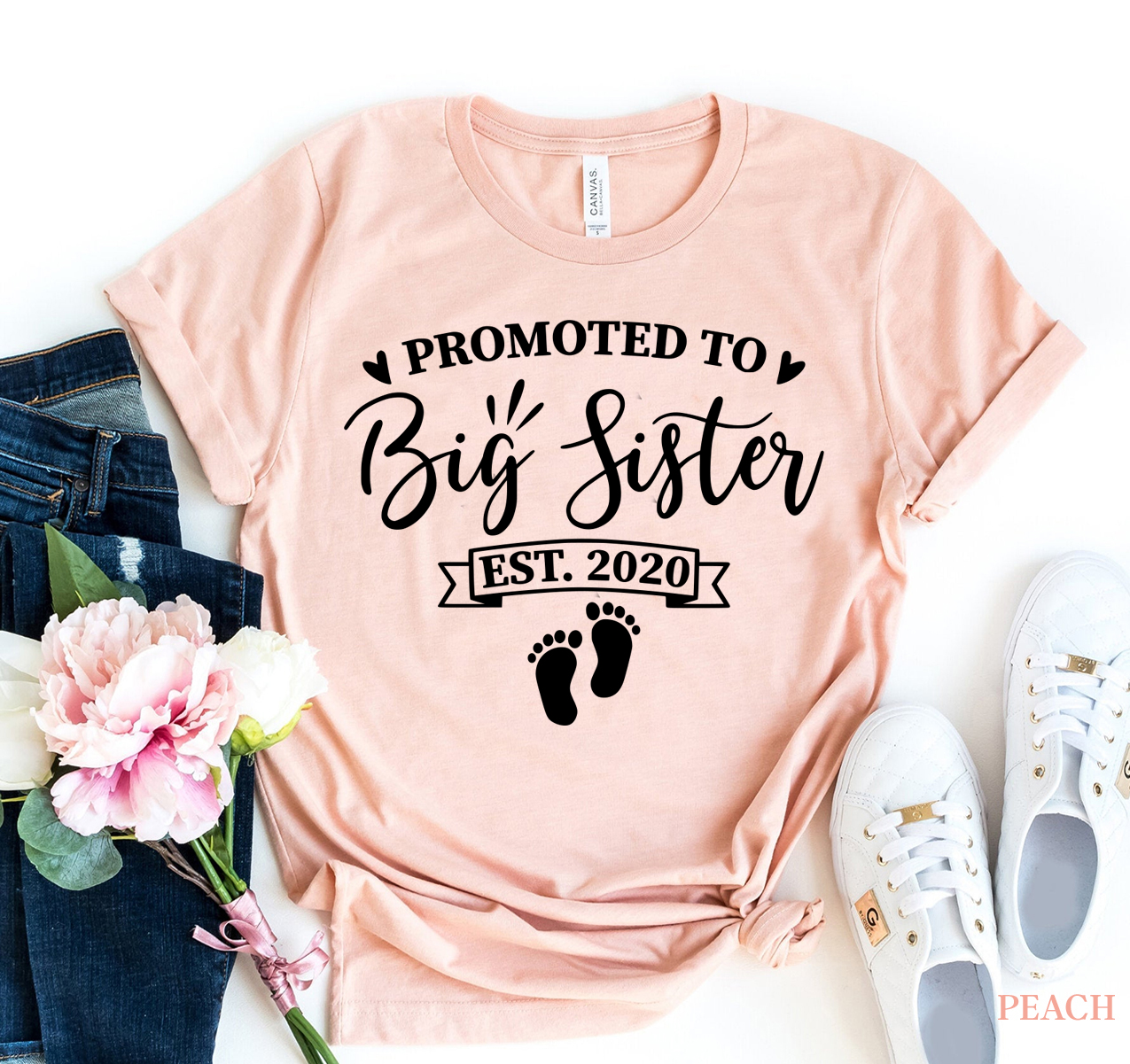 Promoted To Big Sister T-shirt in soft cotton with vibrant print, available in various sizes.