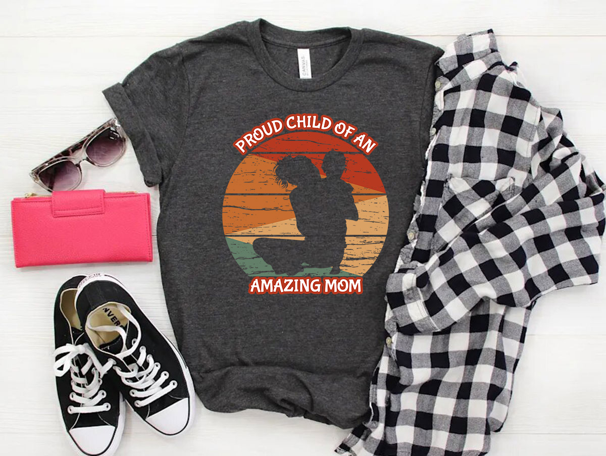 A unisex Proud Child Of An Amazing Mom Shirt displayed in various colors, showcasing its soft fabric and high-quality print.