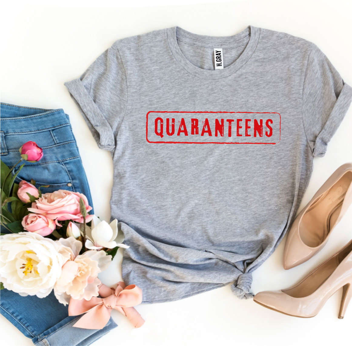 Quaranteens T-shirt made of premium ring spun cotton, featuring a soft feel and high-quality flex print design, available in various sizes.