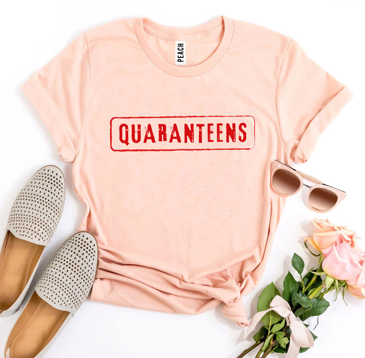 Quaranteens T-shirt made of premium ring spun cotton, featuring a soft feel and high-quality flex print design, available in various sizes.