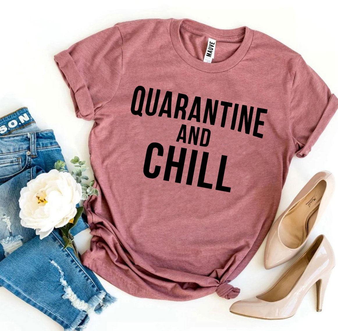 Quarantine & Chill T-shirt made of premium ring spun cotton, featuring a soft textile flex print design.