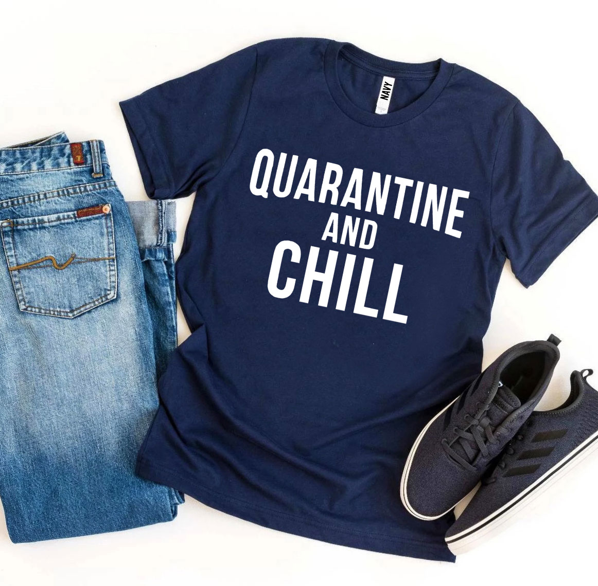 Quarantine & Chill T-shirt made of premium ring spun cotton, featuring a soft textile flex print design.