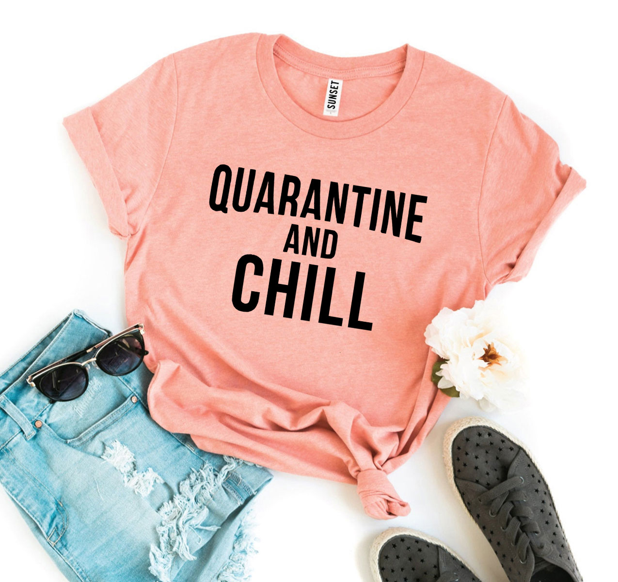 Quarantine & Chill T-shirt made of premium ring spun cotton, featuring a soft textile flex print design.