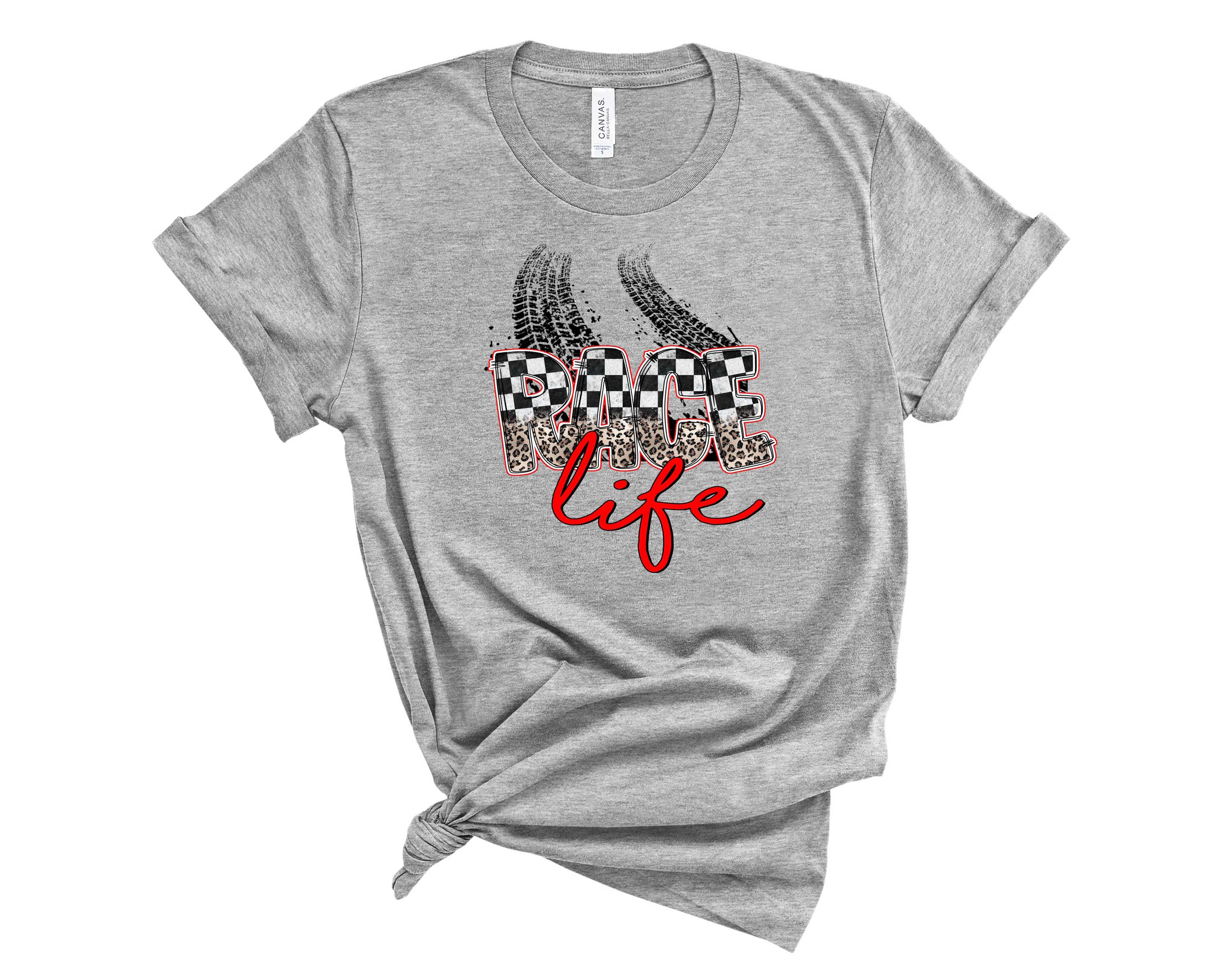 Race Life Red Graphic Tee featuring a bold design on a vibrant red background, suitable for all genders.