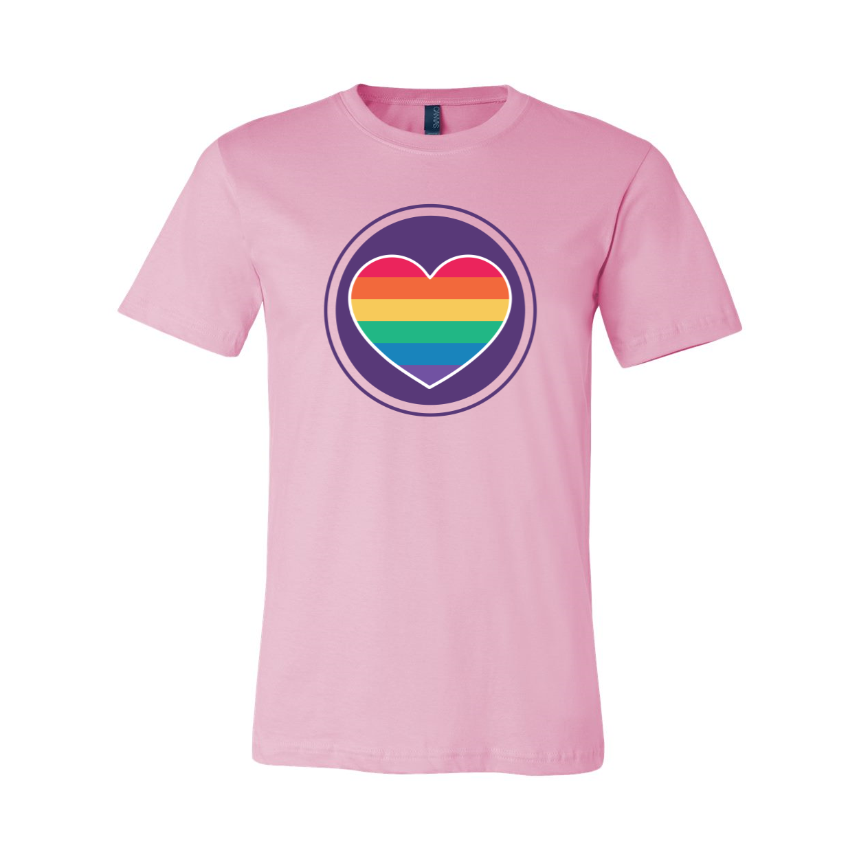 A colorful Rainbow Heart T-shirt displayed on a mannequin, showcasing its vibrant design and soft fabric.