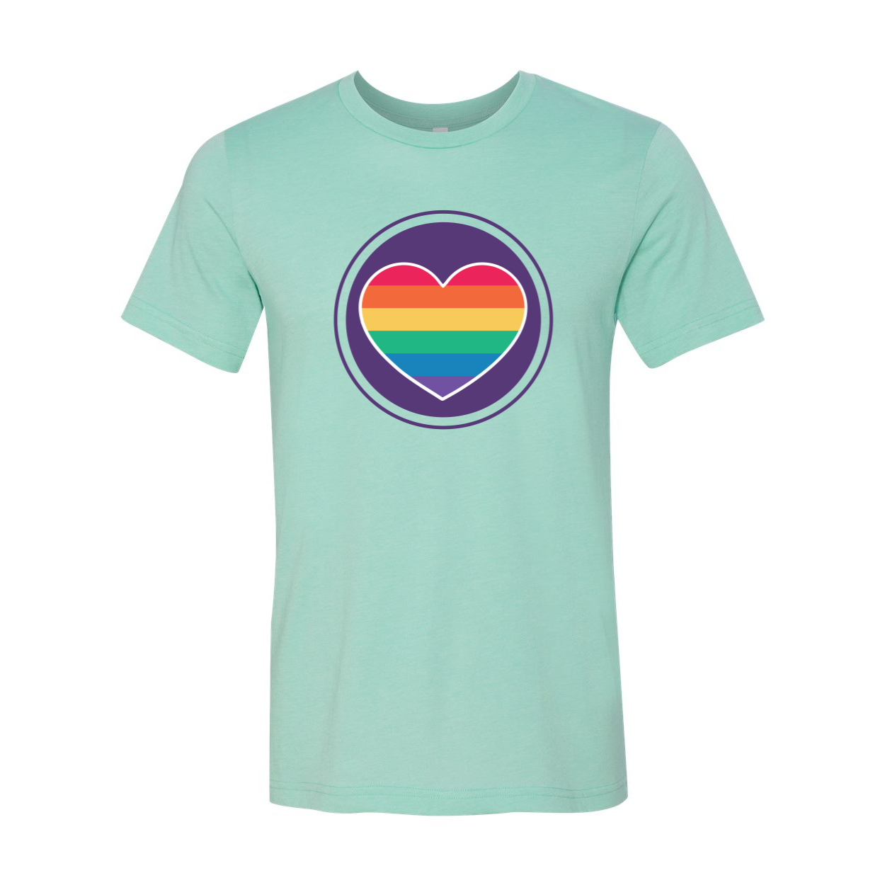 A colorful Rainbow Heart T-shirt displayed on a mannequin, showcasing its vibrant design and soft fabric.