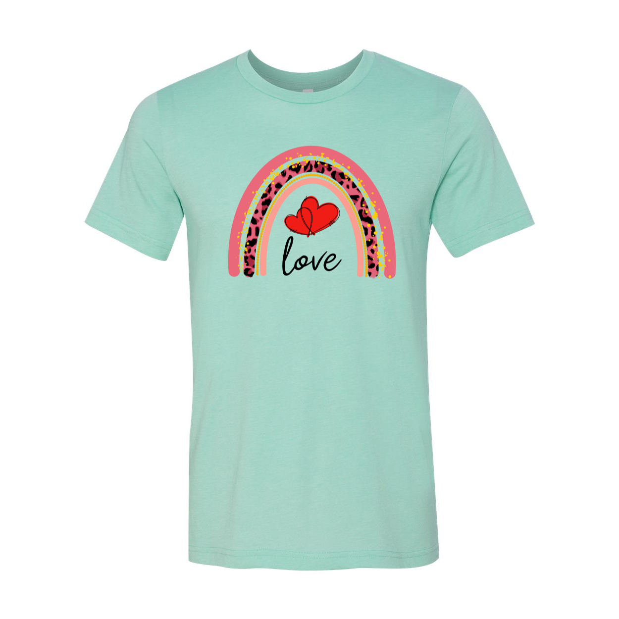 A colorful unisex Rainbow Love Shirt made from soft ring spun cotton, showcasing its vibrant colors and comfortable fit.