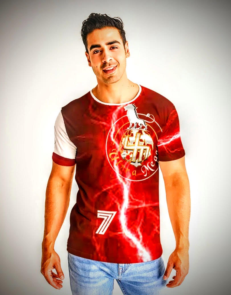 Red Lightning Men's Tee featuring a crewneck design and short sleeves, made from premium fabric.