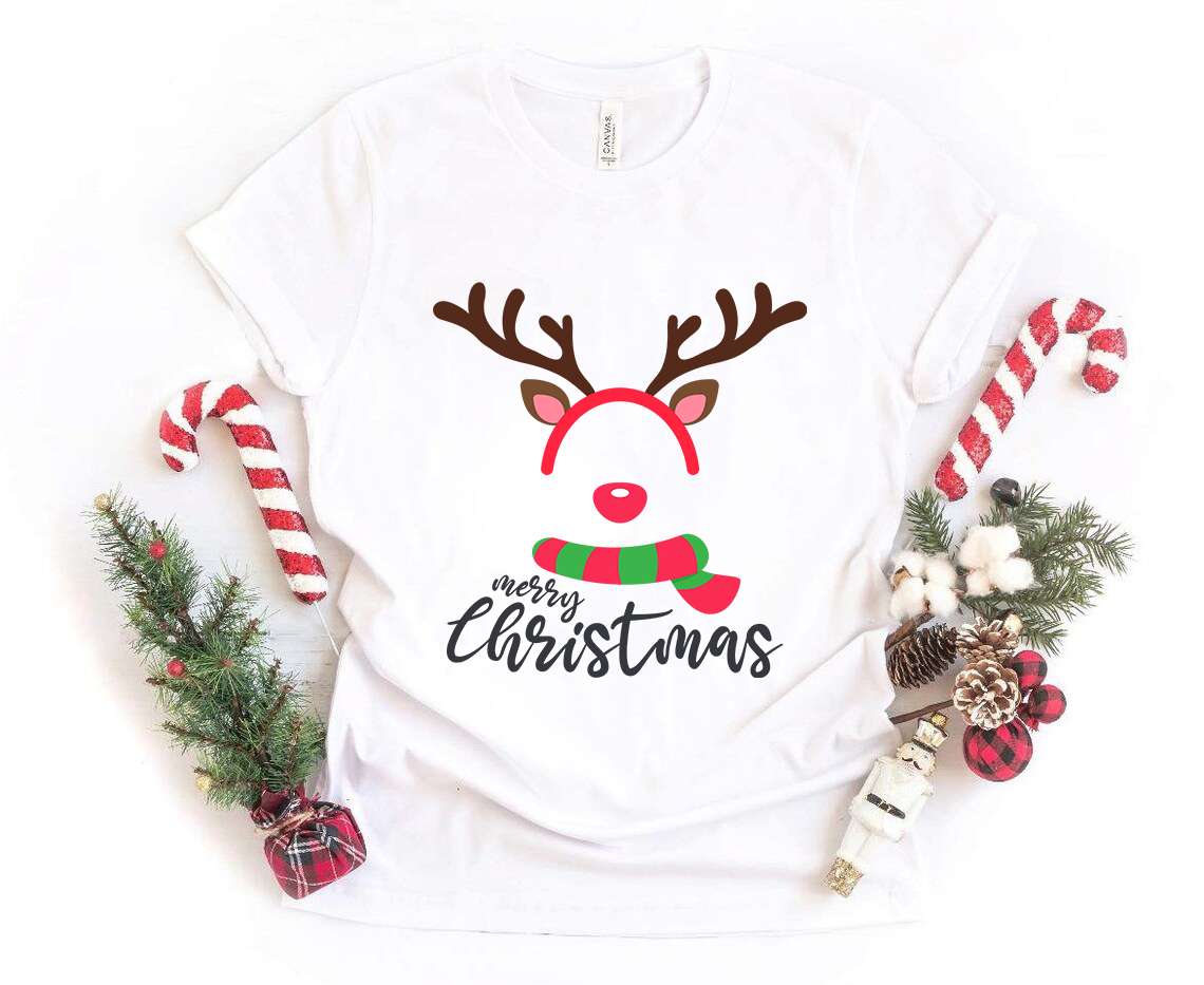 A comfortable unisex T-shirt featuring a playful reindeer face design, made from soft ring spun cotton, available in various colors.