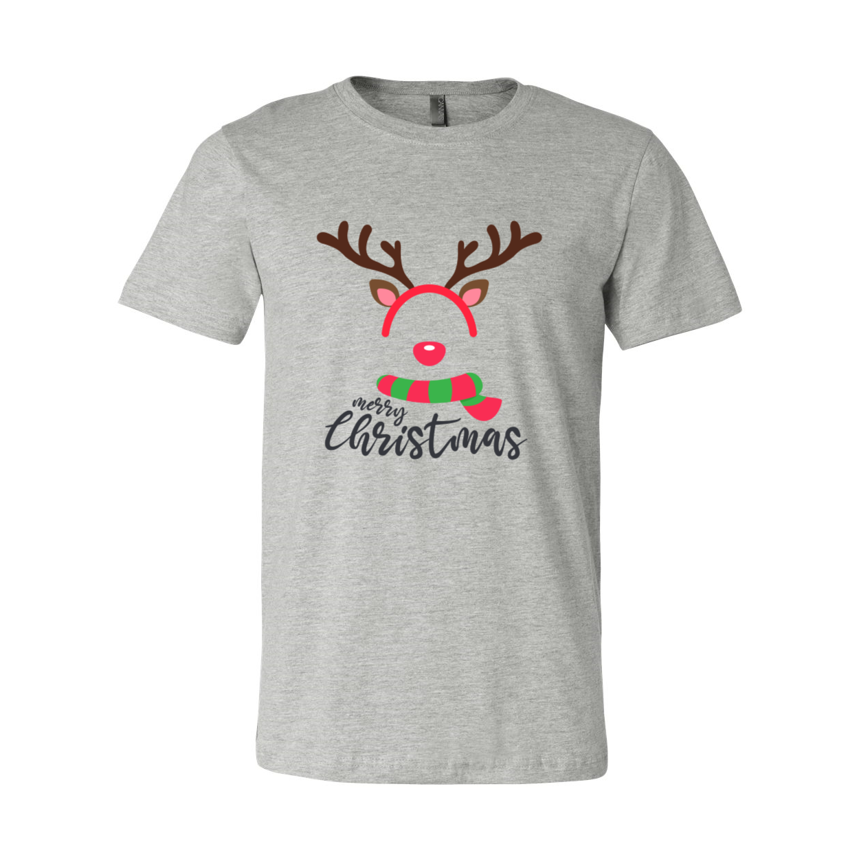 A comfortable unisex T-shirt featuring a playful reindeer face design, made from soft ring spun cotton, available in various colors.