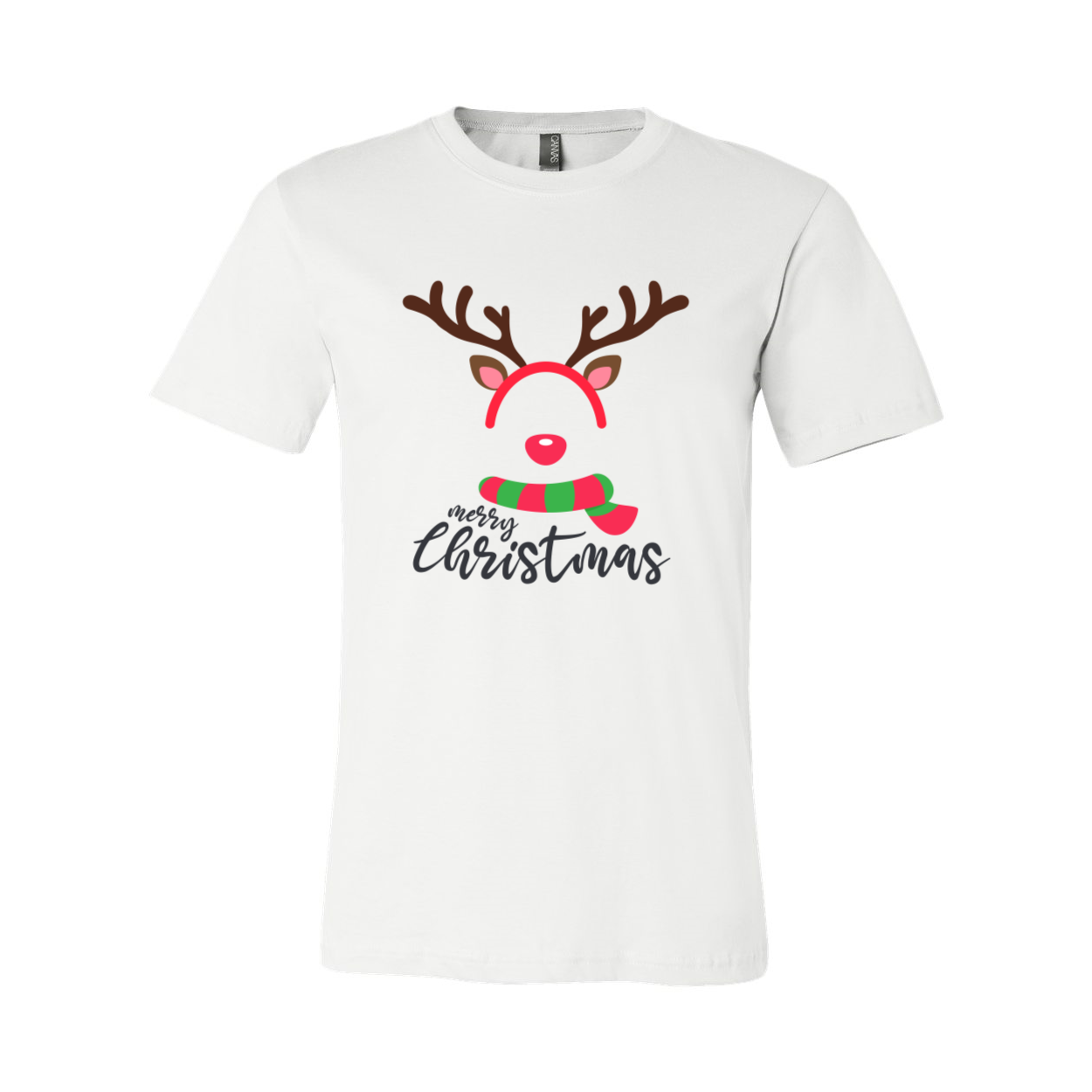 A comfortable unisex T-shirt featuring a playful reindeer face design, made from soft ring spun cotton, available in various colors.