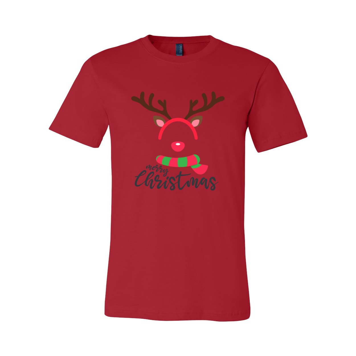 A comfortable unisex T-shirt featuring a playful reindeer face design, made from soft ring spun cotton, available in various colors.