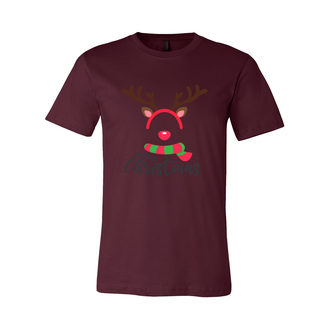 A comfortable unisex T-shirt featuring a playful reindeer face design, made from soft ring spun cotton, available in various colors.