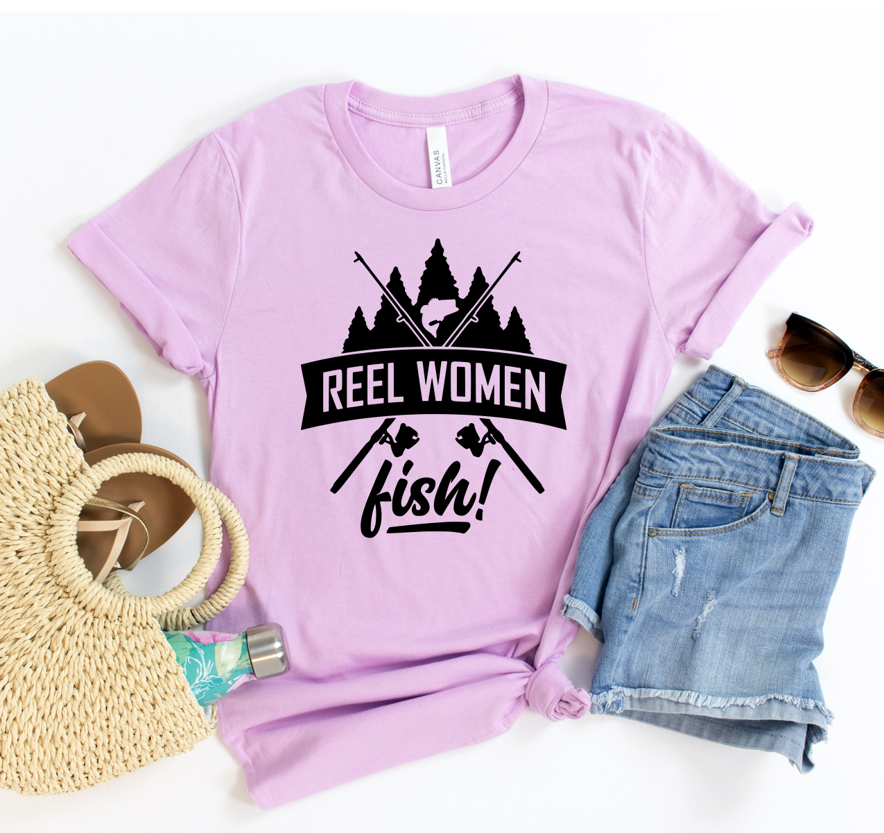 Reel Women Fish T-shirt displayed on a mannequin, showcasing its unisex design and soft fabric.